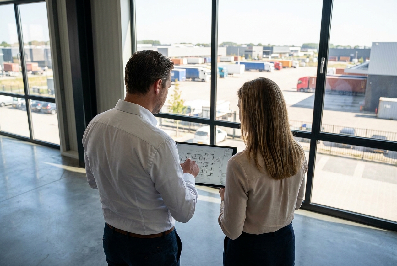 Procurement specialists reviewing a project at a logistics yard